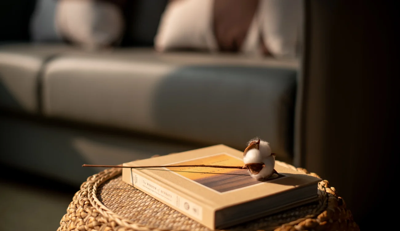 Interior Design - A cotton stem placed on top of a book on a woven table in a living room setting. Dexign Matter Studio