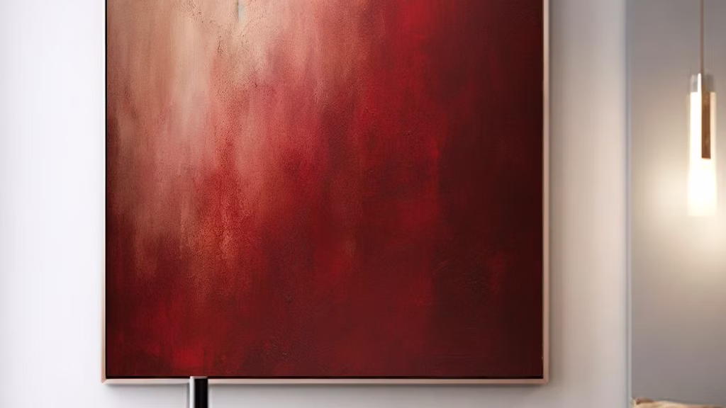 Abstract red and beige painting on a wall in a modern living room. Neutral sofas, geometric table, and soft lighting create a calm ambiance.