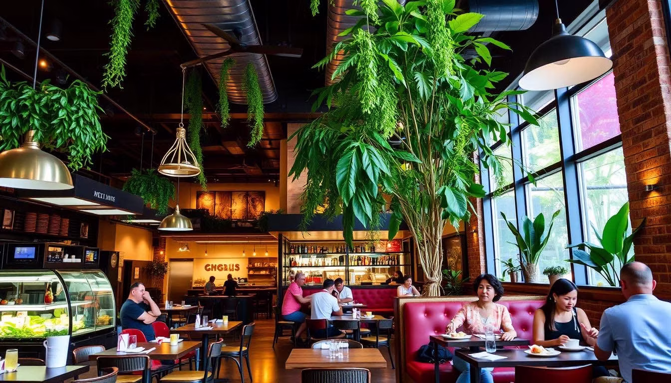 Interior Design - Interior view of a restaurant featuring large plants and seating arrangements. Dexign Matter Studio