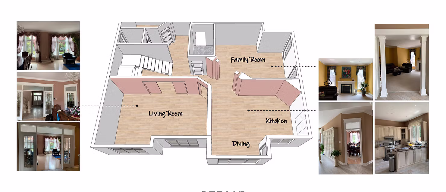 Interior Design - A detailed floor plan of a house showing various rooms including living room, family room, kitchen, and dining area. Dexign Matter Studio