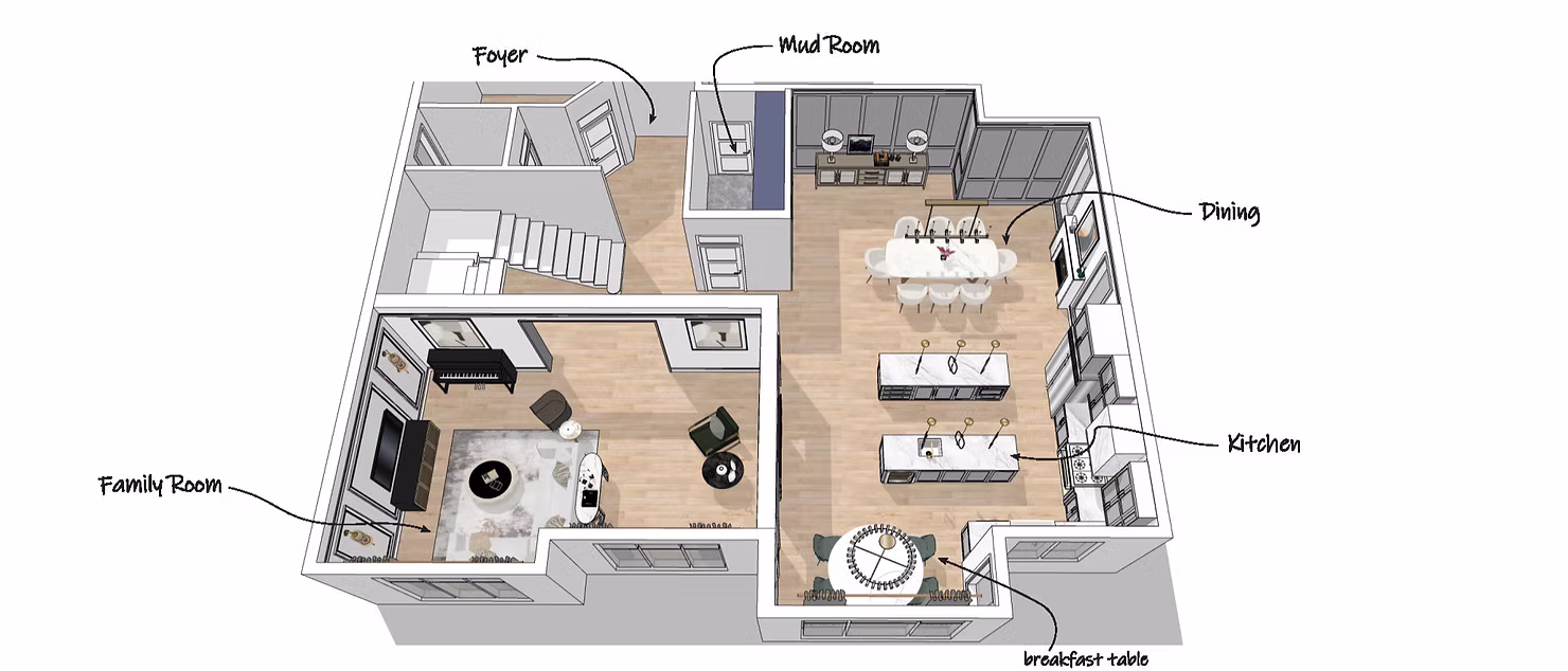 Interior Design - Detailed interior floor plan layout showing various rooms including family room, kitchen, and dining area. Dexign Matter Studio