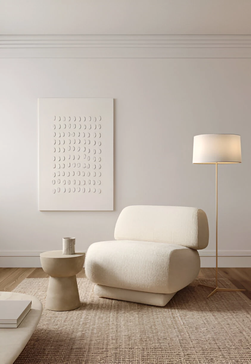 Interior Design - Cream upholstered chair with a side table and a floor lamp in a neutral interior setting. Dexign Matter Studio