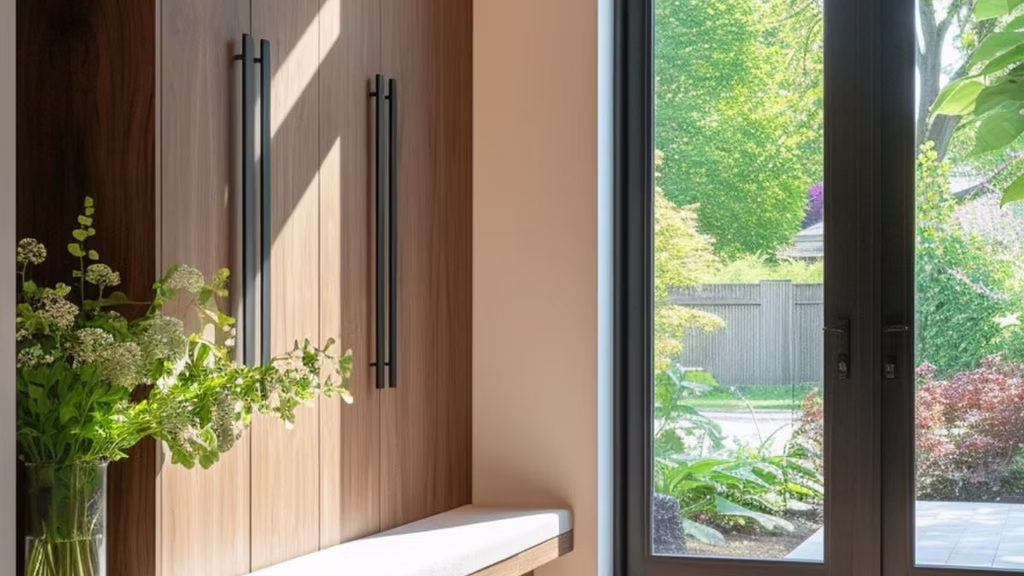 Interior Design - Wooden cabinet with black handles and a floral arrangement near a large window. Dexign Matter Studio