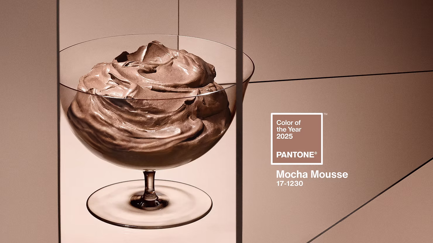 Interior Design - Mocha mousse dessert served in a clear glass bowl with a pink background. Dexign Matter Studio