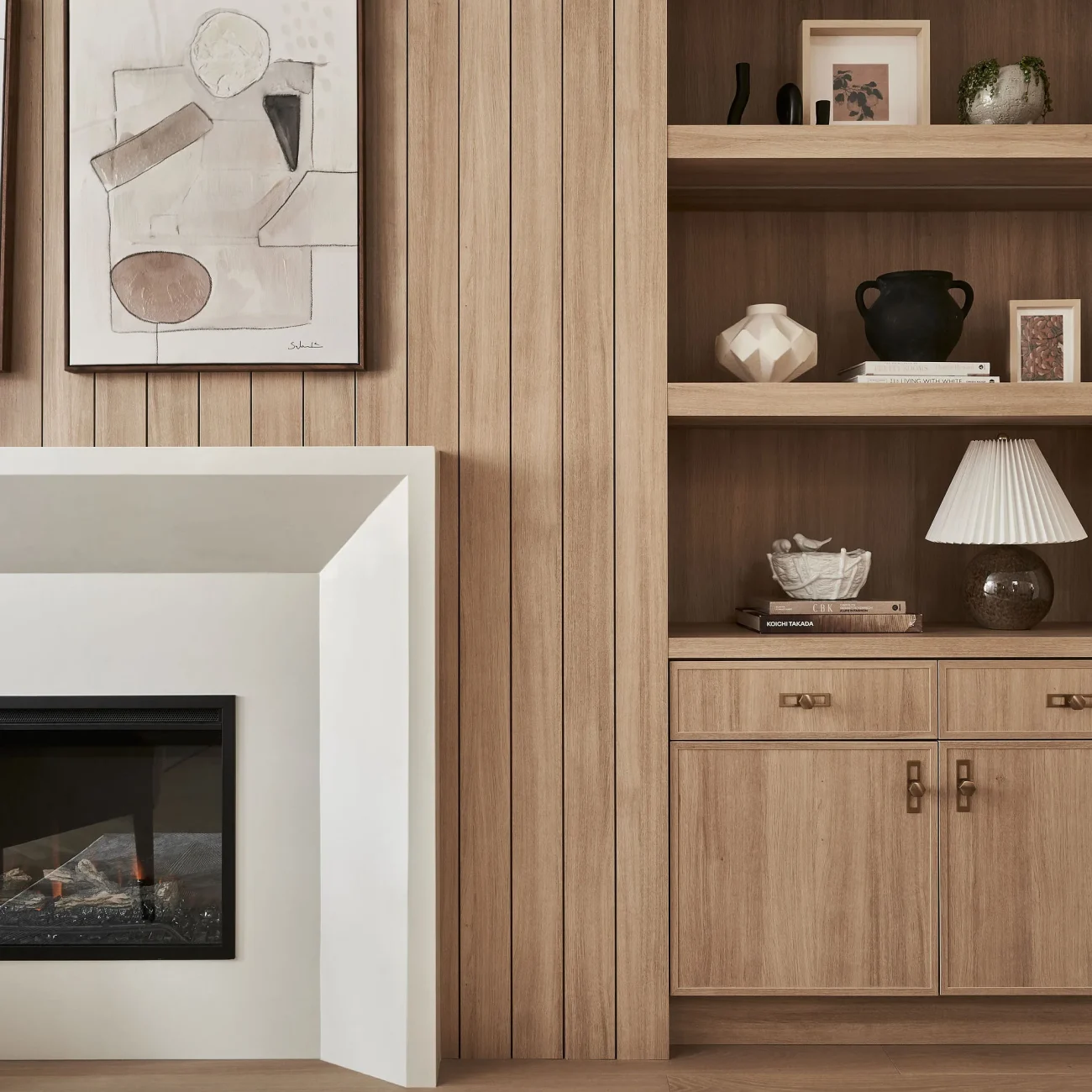 Interior Design - Interior design featuring wooden paneling, shelves, and a modern fireplace. Dexign Matter Studio