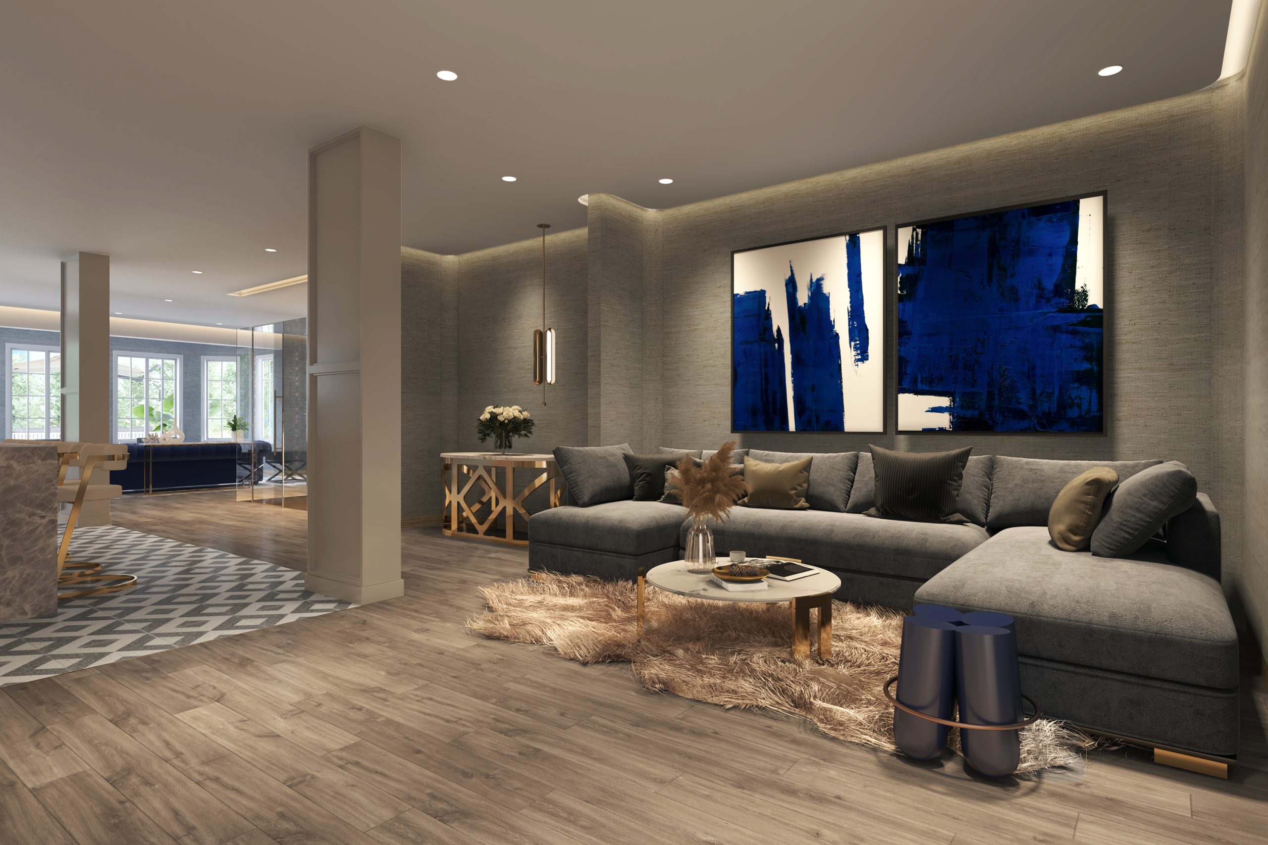 Interior Design - Modern living room featuring a gray sectional sofa and abstract blue artwork on the wall. Dexign Matter Studio