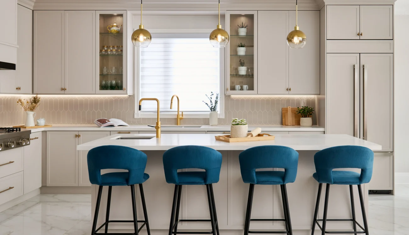 Interior Design - Contemporary kitchen featuring a large island with blue bar stools and gold pendant lights. Dexign Matter Studio