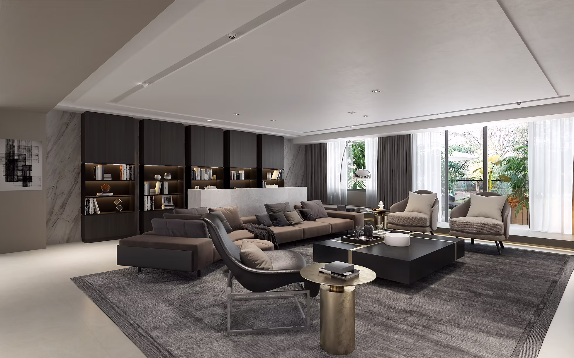 Interior Design - Contemporary living room featuring a sectional sofa, armchairs, and a coffee table with a rug. Dexign Matter Studio